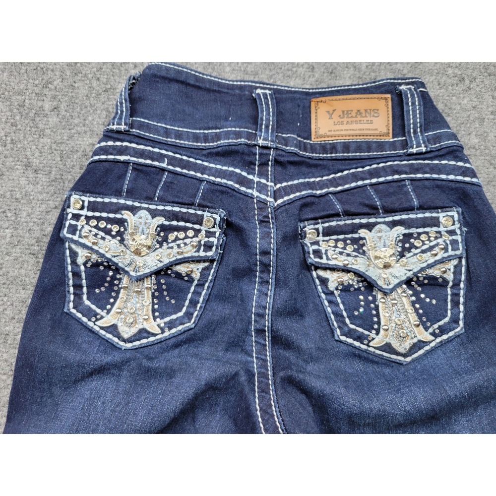 Y Jeans Los Angeles Vintage Flare Rhinestone Cross Contrast Stitch Size 00